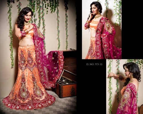 STYLISH ONLINE BRIDAL WEDDING LEHANGAS - Net Silk, Custom Size, Peach | Handcrafted Embroidery, Stylish Design, Elegant Look