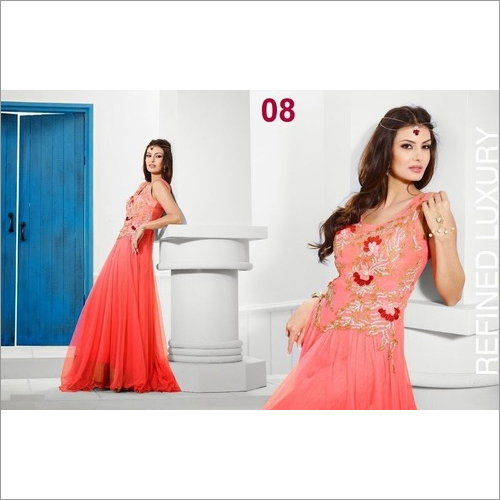 Party Wear Gown - Georgette Maxi, Peach | Embroidered, One-Shoulder Neckline, Elegant Design, Comfortable Fit