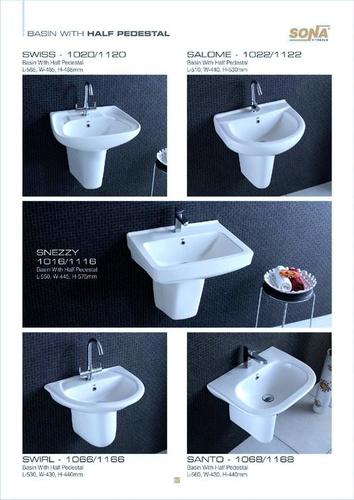 Half Pedestal Basin - Vitreous Chinaware, Glossy Round Design | Durable, Easy Installation, Crack Proof, Smooth Finishing, Available in White & Ivory