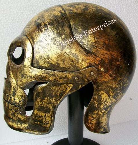 Horror Antique Skull Helmet - 18 Gauge Steel, Gold, Fully Adjustable Front, Collectible Medieval Skull Style