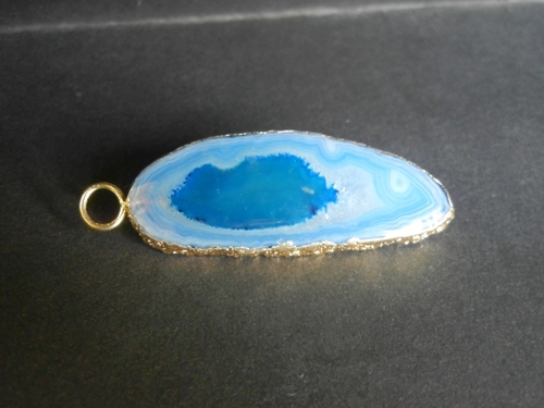 Blue Color Long Agate Slice Druzy with 24k Gold Electroplated Edge Pendant