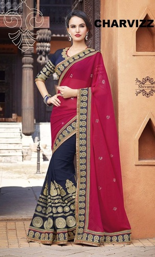 Stylish Designer Sarees - Net Fabric, Pink, Full Length | Antique Mix Work, Contrasting Patli Style Blouse
