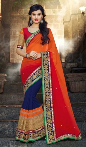 Stylish Fancy Sarees - Georgette Fabric, Orange, Full Length Blouse, Patli Style, Antique Mix Work, Elegant Design