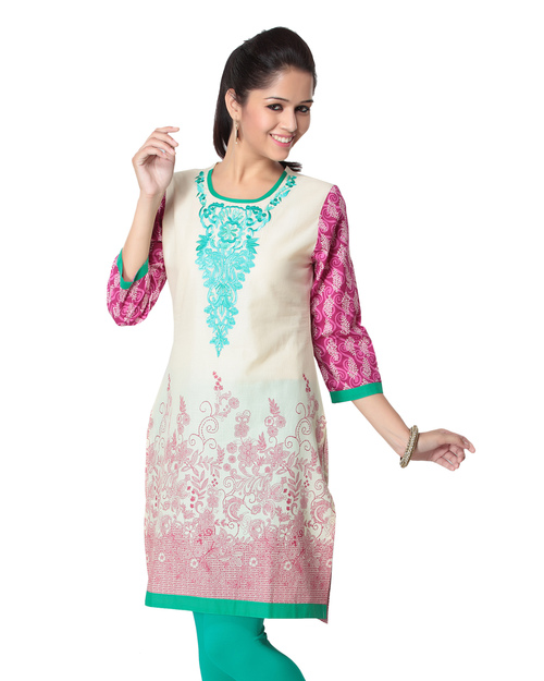 Beige Green Main Kurti - Cotton, Multiple Sizes, Knee-Length | Floral Embroidery, Elegant Design, Comfortable Fabric, Round Neck, Three-Quarter Sleeves
