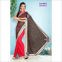 Chikan Embroidered Sarees - Silk Blend 5.5m, Brown Red Two-toned | Hand Embroidered, Matching Blouse, Elegant Design