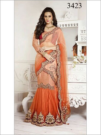 Traditional Sarees - Net Fabric, 5.5 Meters, Orange | Floral Embroidery, Elegant Design, Comfortable Fit, Handcrafted