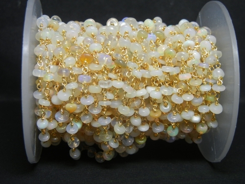 Ethopian Opal Gold Plated Wire Wrapped Gemstone Beaded Chain - Chain Per Meter