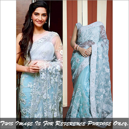 gc-7 - Light Blue Embroidered Net Saree with Lace Decoration | Sleeveless, Washable, Dry Clean Only, Suitable for All Seasons