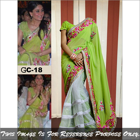 gc-18 - Georgette Embroidered Party Wear Saree | Green and White, Short Sleeves, Washable, All Season, Traditional Design