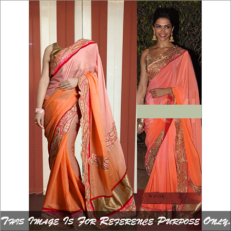 gc-19 - Silk Saree, Orange and Golden Embroidered Design | All Season, Sleeveless, No Fade, Washable, Dry Clean