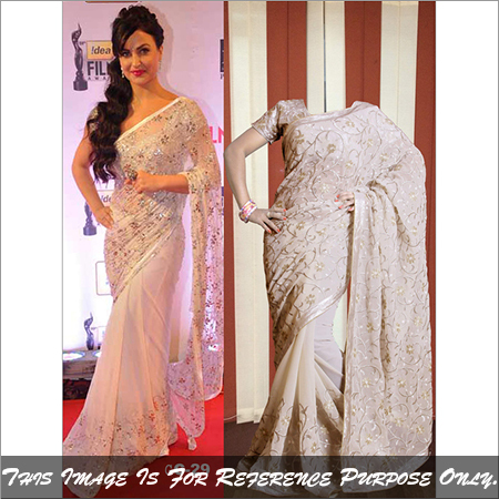 gc-29 - Fabric Net Design Saree | Beige Color, Embroidered Pattern, Short Sleeves, Washable, Dry Clean, No Fade, Suitable for All Seasons