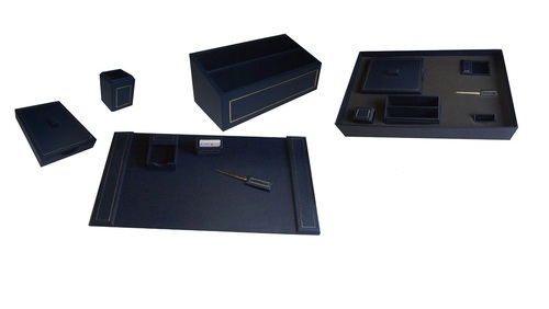 Leather 7 pcs Desk Sets - 24 kt Gold Plated, Navy Blue Classic Leather , Gift Packaged Elegant Design for Executive Workspaces
