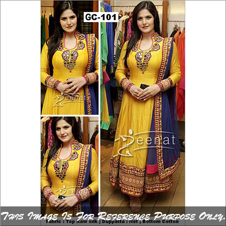 gc-101 - Cotton Silk & Net Fabric Anarkali Suit | Yellow and Navy Blue, Full Sleeves, Embroidered, Washable, Breathable, Multi-Season Wear