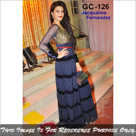gc-126 - Georgette Top, Cotton Bottom, Nazmin Dupatta | Striped Anarkali Suit, Full Sleeves, Washable, Breathable, Gray, Summer, Spring