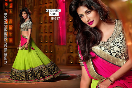 5308 - Georget Lehanga Choli Blouse, Short Sleeves | Pink, Black and Green, Embroidered, Laces, No Fade, Washable, Dry Cleaning