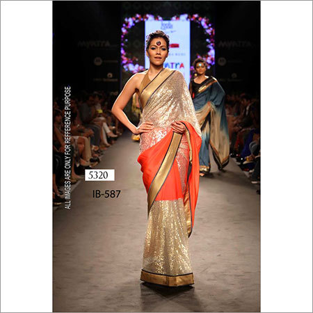 5320 - Taffeta Orange and Silver Ethnic Party Wear Saree | Sleeveless, Embroidered, Washable, All Season