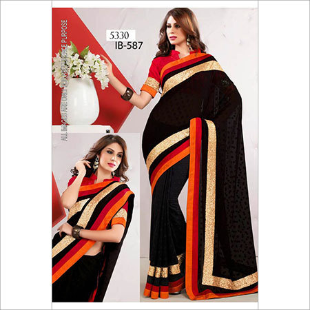 5330 - Silk Georgette Blouse, Black with Orange and Golden Details | Short Sleeves, All-Season Wear, Washable, Dry Clean Only, No Fade