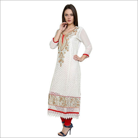 White Faux Georgette Embroidered Long Kurti