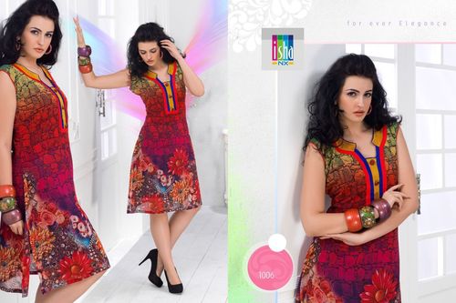 Barbie Georgette Digital Print Kurti - Georgette, Knee-Length, Maroon | Stylish Design, Soft Fabric, Floral Pattern, V-Neck Sleeveless