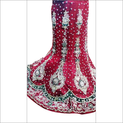 Bridal Lehenga With Hand Work - Net Fabric, Red, Custom Size | Chanda, Jarkan Embroidery, White Moti, Satin Lining