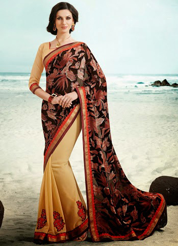 Sarees - Chiffon & Jacquard Fabric, Maroon, 5.5 Meters | Embroidery, Printing, Lace, Half and Half Design