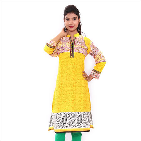 Yellow Cotton Embroidered Kurti