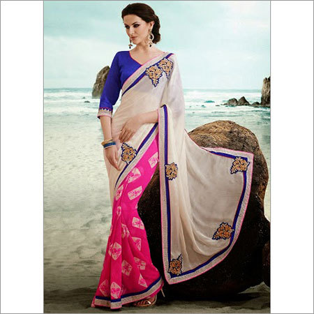 Casual Wear Saree - Chiffon & Jacquard Brocade Embroidery, Maroon Off-White, 5.5 Meters | Elegant Design, Comfortable Fit, Unique Style