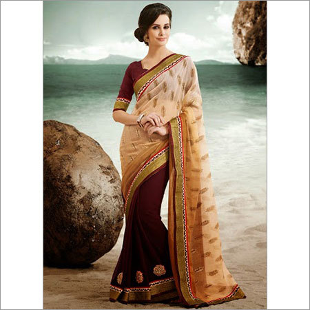 Latest Saree Designs - Chiffon & Jacquard Brocade Embroidery Maroon Half and Half Saree, Lace Border, Half Sleeve Blouse, Soft Fabric, Intricate Embroidery, Comfortable Wear