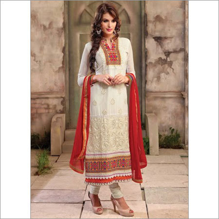 Churidar Salwar Kameez - Fine Fabric, Floor Length, White | Embroidered Design, Alluring Print, Elegant Design, Soft Texture, Immaculate Finish