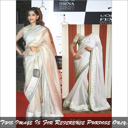 Ethnic Bollywood Replica Saree Latest Stylish Party Wear Bridal Sari - Chiffon, Size 6.30, White, Embroidered | Short Sleeves, All Season, Washable, Printed Pattern