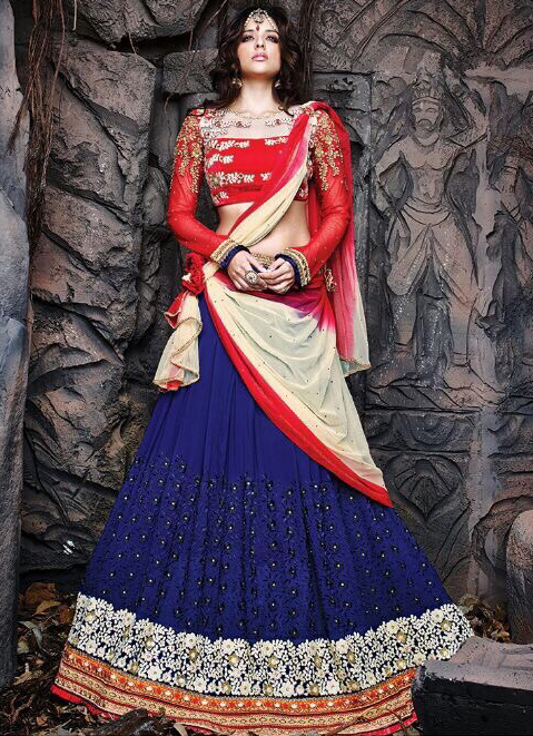 Indian Wedding Lehengas - Pure Silk, Georgette, Net, Blue, 3pcs | Handwork Embroidery, Khatliwork, Customizable Size