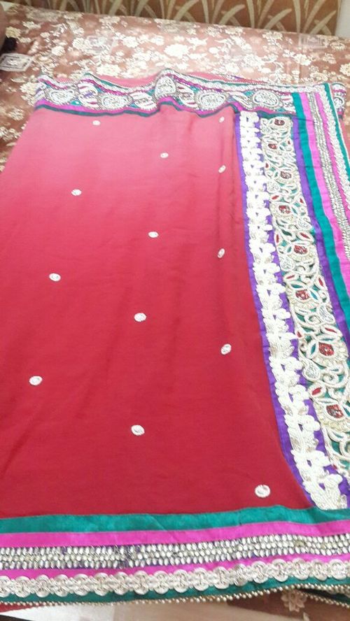 Designer Sarees - Silk Blend, 5.5m Length, Red, Lace Border | Handcrafted Embroidery, Elegant Design, Comfortable Fit