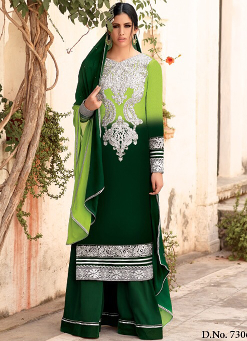 Plazzo Dress - Velvet Top, Chiffon Dupatta, Green | Floral Embroidery, Elegant Design, Comfortable Fit