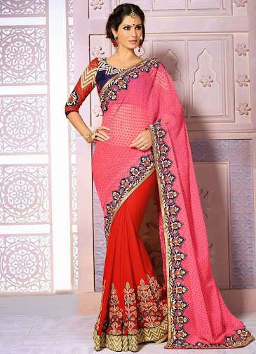 Party Wear Saree - Georgette Saree, Row Silk Blouse, Pink | Embroidery, Lace Work, Elegant Design