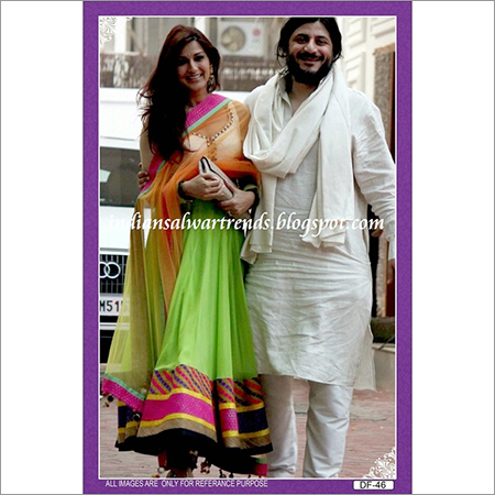 Bollywood Replica Designer Sonali Green Anarkali Suit - Georgette, Semi Stitch, Green & White with Embroidered Laces, Full Sleeves | All Season, No Fade, Washable