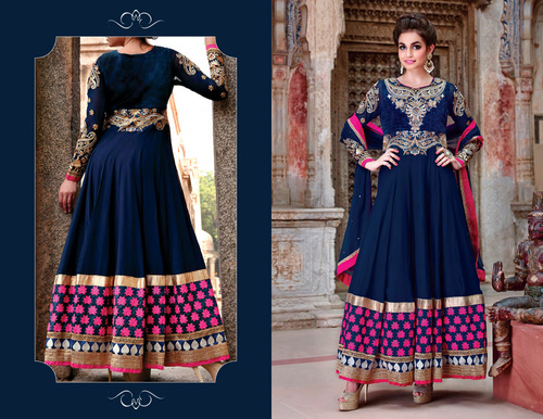 BUY DESIGNER ANARKALI SUITS - Soft Silk, Custom Size, Navy Blue | Handcrafted Embroidery, Elegant Design, Comfortable Fit, Floor Length, Long Sleeves