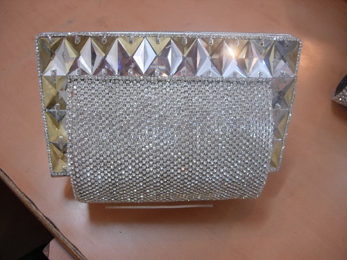 Designer Evening Clutch - Fabric Rhinestone, 5x3x2 Inches, Silver | Elegant Design, Sparkling Stones, Secure Clasp Closure