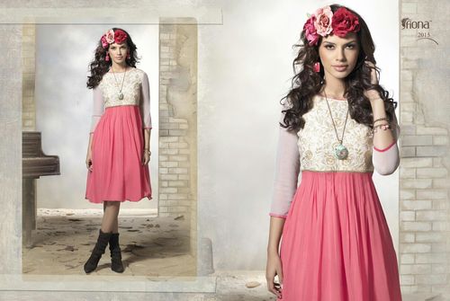 Georgette Embroidery Kurti - Soft Pink Georgette, Knee-Length, Round Neckline | Elegant Design, Intricate Embroidery, Comfortable Fit, Three-Quarter Sleeves