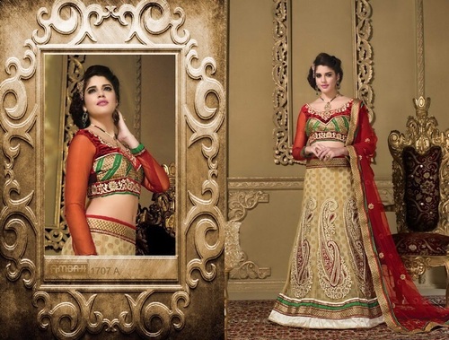 Buy Online Traditional Stylish Lehnga - Silk Blend, Beige, Custom Size | Handcrafted Embroidery, Attached Blouse, Dupatta Included, Comfortable Fit