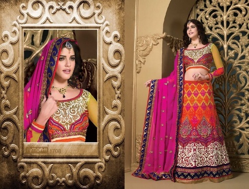 ONLINE Wedding Fashionable Lehangas - Silk Brocade, 54 Inches, Orange | Zari Embroidery, Stone Work, Customizable Size, Stylish Wedding Lehngas