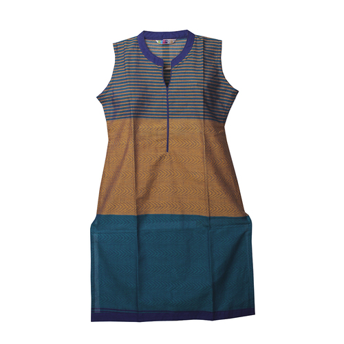 Loose Fitting Kurti - Cotton Blend, 45 Inches, Grey/Brown/Teal | Comfortable Fit, Stylish Design, Shrink Resistant, V-Neck Sleeveless