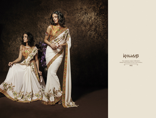Designer Party Wear Sarees - Silk, 5.5 Meters, Off-White | Blouse Piece, Elegant Design, Intricate Embroidery, Perfect Fit