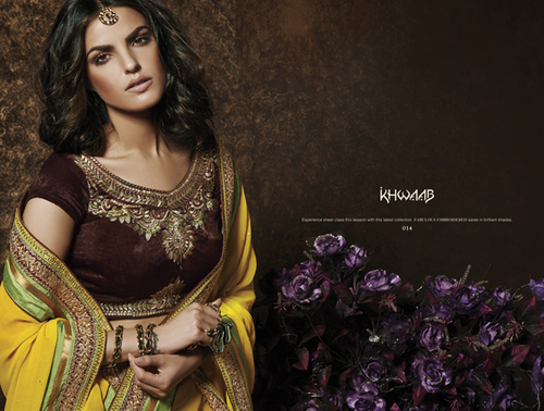 ONLINE BUY HEAVY DESIGNER SAREES - Silk 5.5 Meters Yellow, Blouse Piece | Embroidery, Elegant Design, Intricate Details, Luxurious Feel