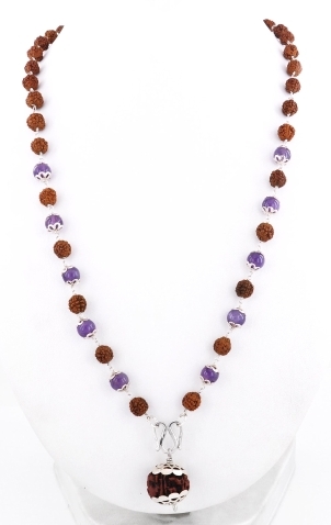 Designer 5 Mukhi Rudraksha and Amethyst Gemstone Necklace
