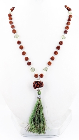 Designer 5 Mukhi Rudraksha Mala with Green Amethyst Stone