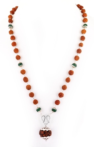 Designer 5 Mukhi Rudraksha and Emerald Gemstone Necklace
