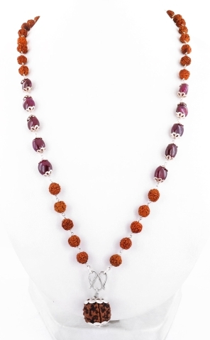Designer 5 Mukhi Rudraksha and Ruby Gemstone Necklace