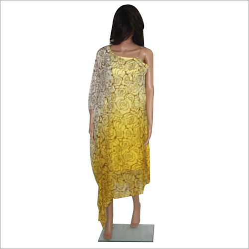 Printed Georgette Draped Off Shoulder Kaftan - Georgette Maxi Length Yellow | Floral Print Breathable Comfortable Stylish Design