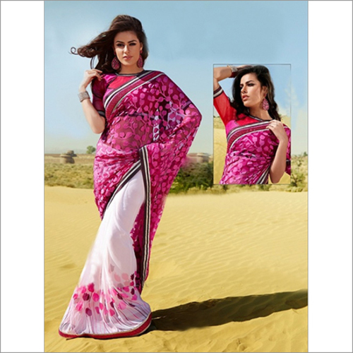 Attractive Designer Saree - Net & Georgette Fabric, Pink, 5.5 Meters | Embroidery, Lace, Print Work, Contrast Matching Blouse