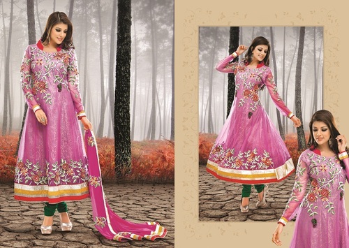 Net Lehenga - Net Fabric, 44" Size, Pink | Heavy Embroidery, Stone & Lace Work, Matching Dupatta, A-line Style